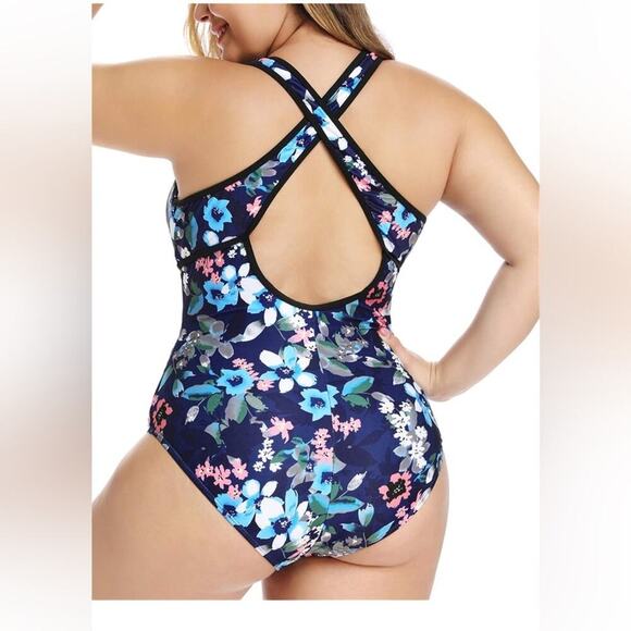 Plus Size Rosa Floral Print One Piece Swimsuit,Plunge Neckline Swimwear 3XL - Picture 2 of 4